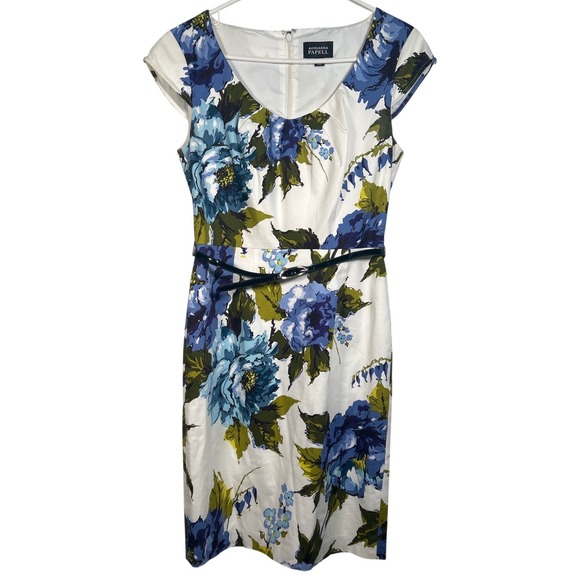 Adrianna Papell Dress Blue Floral Cotton Blend Belted Sheath Wedding Preppy Sz 6 - Picture 2 of 8